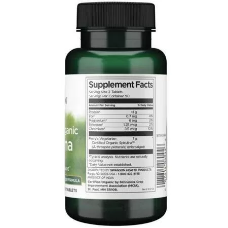 Swanson Certyfikowana Organiczna Spirulina 500 mg 180 tabl.