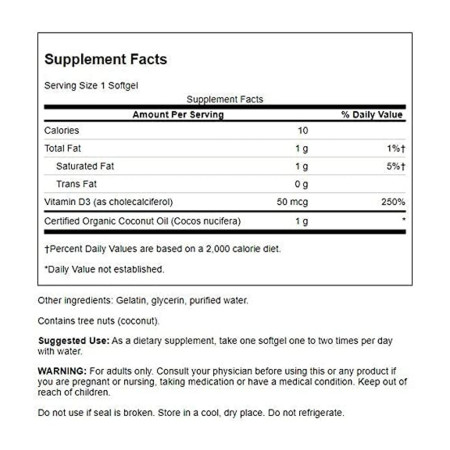 Swanson Vitamin D3 2000IU with Coconut Oil 60 softgels.