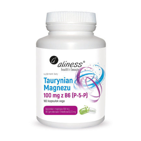 Aliness Taurynian Magnezu 100mg, B6 (P-5-P) VEGE 100 kaps.