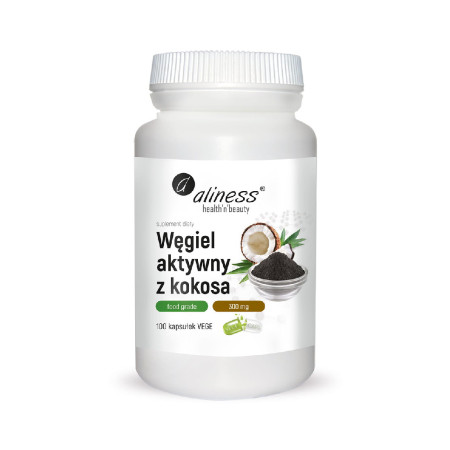 Aliness Węgiel Aktywny z Kokosa Food Grade 300mg VEGE 100 kaps.