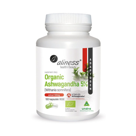 Aliness Organic Ashwagandha 5% KSM-66 500mg VEGE 100 kaps.